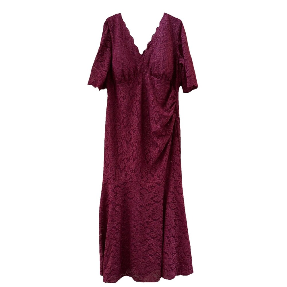 NW NIGHTWAY Lace Dress Burgundy 22W Padded V Neck Zip Lined Ruched 3/4 Sleeve